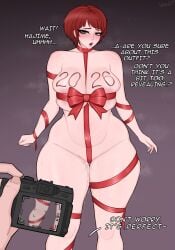 1boy 1girls big_ass big_breasts big_butt big_nipples big_thighs body_writing camera christmas christmas_clothing christmas_outfit danganronpa danganronpa_2:_goodbye_despair happy_new_year hinata_hajime koizumi_mahiru light-skinned_female light-skinned_male light_skin looking_at_viewer photo photoshoot red_hair tagme text thick thick_ass thick_hips thick_thighs vo1ette