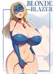 1girls absurdres blonde_blazer blonde_hair blue_boots blue_bra blue_eyes blue_gloves blue_mask boots bra breasts cleavage collarbone dispatch_(game) gem gloves hand_on_own_hip highres huge_breasts jewelry long_hair looking_at_viewer mask multiple_views navel necklace panties parted_lips red_gemstone red_panties satelyte side-tie_panties sparkle standing superhero_costume teeth thigh_boots underwear undressing untied_panties white_background
