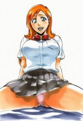 1girls accurate_art_style accurate_body_type ai_generated arms_behind_back ass_visible_through_thighs big_breasts bleach blush bow bowtie breasts brown_eyes busty cel_shading clothing collared_shirt curvaceous curvy female female_focus female_only glossy grey_eyes grey_skirt hair_ornament happy high_resolution highres inoue_orihime large_breasts light-skinned_female light_skin line_art long_hair looking_at_viewer manga_style marker_(medium) open_mouth orange_hair panties pantsu pantyshot pink_panties pleated_skirt pocket red_bow red_bowtie school_uniform shiny_hair shiny_skin shirt short_sleeves simple_background sitting skirt smile solo solo_female solo_focus spread_legs teeth thick_thighs thighs tite_kubo_style traditional_media underwear uniform warm_colors warm_lighting white_background white_shirt ㅇㅇ