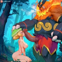 1boy 1girls ai_generated anthro bianca_(pokemon) blonde_female blonde_hair blush boar breasts claws cum cum_on_body cum_on_breasts cum_on_face emboar fat_anthro fat_male female fire forest genitals hands_between_legs hat human large_breasts large_penis larger_male looking_at_another looking_up lucakp male male_pokemon/female_human massive_penis muscular muscular_anthro muscular_male naked naked_female night nipples nude nude_female patreon patreon_link patreon_logo patreon_reward patreon_url patreon_username penis pokémon_(species) pokemon pokemon_(species) pokemon_bw pokephilia precum sharp_teeth sitting smaller_female snout steamy_breath tagme