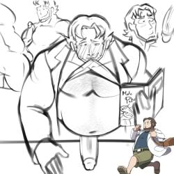 balls bara beard belly birch_(pokemon) biting_shirt blushing_male game_freak gay hair looking_at_magazine magazine male male_only partially_clothed penis penis_on_chest penis_on_face penis_on_table pleasure_face pokemon pokemon_rse professor_birch reading_magazine sketch tugfx8
