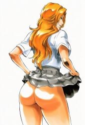 1girls accurate_art_style accurate_body_type ai_generated ass ass_focus back_view bare_ass big_ass big_breasts bleach blue_eyes bottomless breasts busty clothes_lift clothing curvaceous curvy digital_media_(artwork) female female_focus female_only flashing from_behind grey_skirt high_resolution highres large_ass large_breasts large_filesize lifted_by_self light-skinned_female long_hair looking_at_viewer looking_back manga_style matsumoto_rangiku mole mole_under_mouth no_panties orange_hair parted_lips pleated_skirt presenting presenting_ass school_uniform schoolgirl shiny_hair shiny_skin shirt sideboob simple_background skirt skirt_lift skirt_pull smile solo solo_female solo_focus standing teasing thighs tite_kubo_style uniform viewed_from_behind wavy_hair white_background white_shirt wide_hips ㅇㅇ