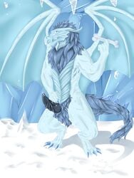 4_toes anthro blue_eyes blue_fur bone claws digitigrade dragon erection frost_dragon fur horn ice looking_at_viewer male male_only muscles nude penis precum pubes runescape scalie snow toe_claws toes velrizoth video_games