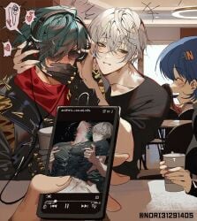 belle_(zenless_zone_zero) blue_hair blush blushing_profusely cafe coffee gay gloves green_hair grey_hair headphones hoyoverse leather_jacket lighter_(zenless_zone_zero) listening_to_sex nori31291404 photo_on_phone red_scarf scarf sunglasses sweating wise_(zenless_zone_zero) yaoi zenless_zone_zero