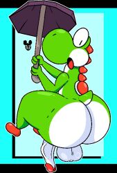 absurd_res anthro ass balls big_butt dinosaur femboy flaccid gay gay_male genital_raphe genitals hi_res homosexual homosexual_male looking_back luanctoons male male_penetrated mario_bros multicolored_body nintendo nude open_mouth penis prehistoric_species raphe_(anatomy) reptile scalie scrotal_raphe solo solo_male thick_thighs two_tone_body umbrella yoshi