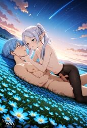 ai_generated blue_eyes blue_flower blue_hair blush cleft_of_venus clouds earrings elf erection evening eye_contact frieren frieren_beyond_journey's_end green_eyes grey_hair himmel_(sousou_no_frieren) imminent_kiss long_hair lying_on_back lying_on_ground lying_on_person navel nipples open_mouth pantyhose patreon penis petite plains pointy_ears scenery shooting_star small_breasts sousou_no_frieren starry_sky sunset thick_eyebrows twintails