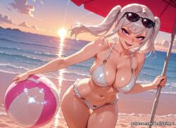 2025 :d ai_generated anime bangs bare_shoulders beach beach_umbrella bikini black_clover blush breasts cleavage cloud collarbone covered_nipples crossover eye_contact eyewear_on_head female female_focus female_only flushed frills highres holding horizon huge_breasts large_breasts leaning_forward long_hair looking_at_viewer makeup midriff moaning navel noelle_silva nsfw ocean open_mouth outdoors patreon patreon_username purple_eyes rognezart sand shiny shiny_skin sky smile smiling solo sun sunglasses sunset swimsuit teeth thick_thighs thigh_gap thighs twintails umbrella very_long_hair water wet white_bikini white_hair