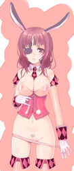 animal_ears bare_shoulders between_breasts blush breasts brown_eyes brown_hair bunny_ears cleavage corset detached_collar erect_nipples eye_patch female gloves highres large_breasts looking_at_viewer navel necktie necktie_between_breasts original panties panty_pull pokomi pubic_hair short_hair smile solo thighhighs underwear white_gloves