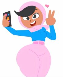 1girls black_eyes black_hair blue_shirt breasts clothed duolingo female female_only heart hijab human looking_at_viewer pants phone pink_hijab pink_pants postblue98 shirt smartphone smile solo tagme thick_thighs v white_background zari_(duolingo)