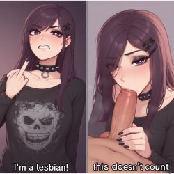 1boy 1girls ai_generated angry_face before_and_after blowjob emo goth_girl lesbian lesbian_with_male middle_finger original original_character text text_bubble