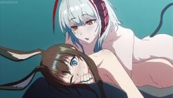 2d 2d_animation 2girls age_difference amiya_(arknights) animated antennae aqua_background arknights artist_name ass blue_eyes brown_hair closed_mouth completely_nude couple demon_girl demon_horns demon_tail evalithfog fang hi_res highres horns hug huge_filesize implied_futanari implied_sex jewelry lesbian looping_animation mp4 multiple_girls multiple_rings no_sound nude older_female one_eye_closed open_mouth rabbit_ears rabbit_girl red_horns ring sex sex_from_behind short_video shorter_than_10_seconds sweat tagme tail twitter_username video w_(arknights) white_hair wide-eyed wisadel_(arknights) yellow_eyes yuri