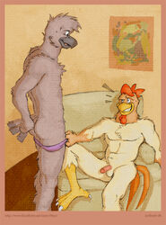 2008 anthro ass avian balls beak bird blue_eyes chicken claws clothing colored duo erection feathers humanoid_penis male nude original original_character panties panty_pull penis rthur sitting smile tongue underwear undressing yaoi