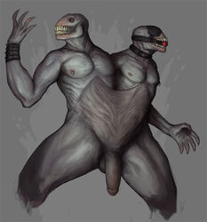 2boys anthro ball_gag balls blindfold claws clenched_teeth collar conjoined demon duo fundles gag grey_background male male_only multiple_boys nipple_piercing nipples nude penis piercing simple_background teeth