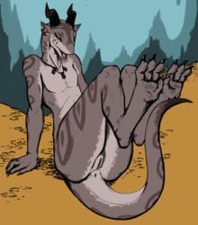 anthro anus bedroom_eyes cave claws digitigrade ear_piercing female flat_chested foot_focus gold_(metal) half-closed_eyes horn karchan_(guoh-art) kobold necklace nude open_mouth piercing pussy queblock scalie sitting smile solo toe_claws tongue yellow_sclera