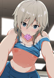 anastasia_(idolmaster) blue_eyes blush breasts cheerleader condom condom_in_mouth female hajimeme3 idolmaster idolmaster_cinderella_girls imminent_sex inviting_to_sex looking_at_viewer mouth_hold nipples no_bra pale_skin pov shirt_lift short_hair silver_hair slim solo white_hair