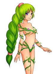 1girls color colored dryad dryad_(terraria) female female_focus female_only green_hair leaf_clothing looking_at_viewer monster_girl ofelie purple_eyes solo solo_focus terraria very_long_hair vines white_background