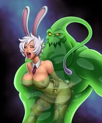 areola battle_bunny_riven belly bimbo breasts bunny bunny_ears cleavage closed_eyes ears eyeshadow goo large_breasts league_of_legends lipstick makeup monster navel necktie nielsdejong nipples open_mouth riot_games riven short_hair silver_hair teeth the_grind_series thighs tie tongue torn_clothes voluptuous white_hair wrist_cuffs zac