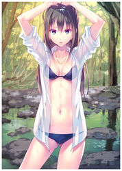 arms_up bikini bikini_under_clothes black_bikini breasts brown_hair female green_eyes idolmaster idolmaster_cinderella_girls jewelry long_hair navel necklace nishimura_eri open_clothes open_shirt parted_lips see-through shibuya_rin shirt sleeves_pushed_up solo sweat swimsuit swimsuit_under_clothes