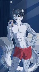 1boy 2015 abs anthro bedroom bulge clothed clothing cocky demicoeur feline fur half-dressed leopard looking_at_viewer male male_only mammal muscles novus penis phone selfie smile snow_leopard solo standing toned underwear