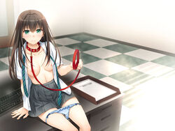 breasts brown_hair collar cum desk female green_eyes idolmaster idolmaster_cinderella_girls leash long_hair nakajima_yuka navel necktie nipples open_clothes open_shirt panties panty_pull shibuya_rin shirt sitting skirt solo underwear