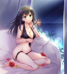 barefoot bikini black_bikini blush bracelet breasts brown_hair cleavage collarbone curtains earrings female flower green_eyes hair_flower hair_ornament idolmaster idolmaster_cinderella_girls jewelry long_hair looking_at_viewer nakajima_yuka navel night palm_tree pillow shibuya_rin smile solo swimsuit tree untied untied_bikini untying