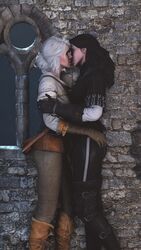 2girls 3d black_hair cd_projekt_red ciri female female_only fully_clothed hand_on_arm hand_on_ass kissing multiple_girls romantic shittyhorsey the_witcher_(series) the_witcher_3:_wild_hunt white_hair yennefer_of_vengerberg yuri