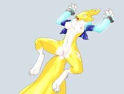 bondage bondage bound breasts clothed clothing digimon female glowing glowing_eyes half-dressed nipples open_mouth renamon solo thunder-renamon tongue tongue_out