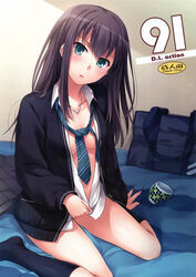 absurdres arm_support bag black_legwear breasts brown_hair female green_eyes highres idolmaster idolmaster_cinderella_girls jewelry kneehighs long_hair looking_at_viewer nakajima_yuka necklace necktie open_clothes open_shirt scan school_bag school_uniform shibuya_rin sitting skirt skirt_removed solo wariza