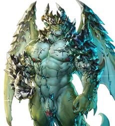 abs anthro balls biceps claws dragon flaccid green_scales horn humanoid_penis invalid_tag jacketbear lens_flare looking_at_viewer male male_only metal molten_metal muscular muscular_male navel nipples nude orange_eyes pecs penis scales smile solo standing tusks vein wet white_scales wings