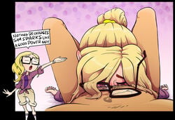 balls_deep blonde_hair blowjob blush closed_eyes cloudy_with_a_chance_of_meatballs deepthroat deepthroat_holder fellatio glasses hair irrumatio oral passed_out ponytail pov runny_makeup samantha_sparks slobber sony_pictures_animation sparrow_(artist) tied_hair unconscious