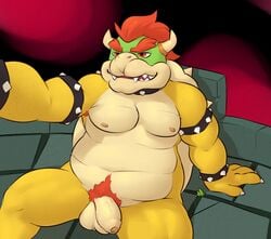 1boy anthro areola armpit_hair balls bowser castle chubby collar dragon hair half-closed_eyes horn hybrid king koopa male male_only mario_(series) muscles nintendo nipples nude open_mouth outdoors outside pecs penis ponchuzn pubes raised_arm reptile royal_rod royalty scalie sharp_teeth shell short_hair sitting smile solo spikes spread_legs spreading turtle uncut video_games