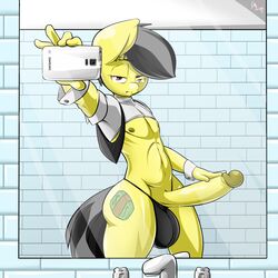 1boy 2015 anthro balls balls_in_panties big_balls clothing crop_top cutie_mark earth_pony equine erection fan_character fur horse huge_cock humanoid_penis male male_only mammal midriff mirror mirror_selfie my_little_pony penis pony reflection sanders selfie solo thong vest wall wrist_cuffs yellow_fur