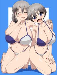 2girls :d aizimpjh bangs bare_shoulders barefoot bikini blue_bikini blue_eyes blue_swimsuit blush breasts clavicle cleavage closed_eyes clothing daughter eyebrows_visible_through_hair feet female full_body grey_hair hair_between_eyes hand_on_another's_shoulder hand_on_own_cheek hand_on_own_face high_resolution huge_breasts jewelry kneeling large_breasts leaning_forward looking_at_viewer mature mature_female milf mother mother_and_daughter multicolored multicolored_bikini multicolored_clothes multiple_girls nail_polish navel oerba_yun_fang open-mouth_smile open_mouth pink_nails red_nails ring short_hair simple_background sitting skin_fang smile squatting standing swimsuit toenail_polish toenails uzaki-chan_wa_asobitai! uzaki_hana uzaki_tsuki wedding_band wedding_ring white_bikini white_swimsuit