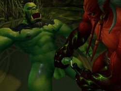 bondage cum demon duo eredar gag gay gloves male male_only masturbation muscles orc rohanhunt sperm_collection warcraft