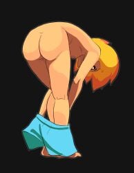 1girls amber_(brawl_stars) ass bare_legs bare_shoulders bare_thighs barefoot bending_forward bent_over blonde_hair brawl_stars breasts butt_crack flaming_hair hair_down looking_down n_sktch partially_clothed partially_colored shorts sketch topless voyeur