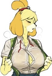 1girls 2d animal_crossing anthro big_breasts blush bodily_fluids boob_window breasts buttons cleavage closed_eyes clothed color female female_only isabelle_(animal_crossing) large_breasts nintendo open_mouth simple_background solo solo_female sweat sweating sweaty sweaty_body sweaty_breasts sweaty_face white_background yawar yellow_body yellow_fur