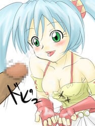 bakugan bakugan_battle_brawlers bare_shoulders blue_hair blush breast_slip breasts censored fingerless_gloves gloves green_eyes long_hair nipple_slip nipples one_breast_out penis penis_awe runo_misaki_(bakugan) smile tied_hair tongue twintails