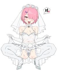 1girls artist_request bridal_gauntlets bridal_veil bride dress flat_chest flat_chested gomi6724 looking_at_viewer pink_hair q_haoyu ram_(re:zero) re:zero_kara_hajimeru_isekai_seikatsu sexy_squatting short_hair small_breasts smile squatting teenager wedding_dress white_lingerie white_panties young young_female young_woman