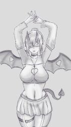 1girls armpits arms_up balanced_craft_wars bare_shoulders belly_button big_breasts blindfold boob_window breasts choker cleavage collar collarbone craftwars_knockoff crop_top cross_earrings cross_necklace demon_girl demon_horns demon_tail demon_wings digital_drawing_(artwork) digital_media_(artwork) earrings female female_focus female_only garter_straps greyscale hair horns hourglass_figure mature_female midriff monochrome necklace open_mouth ponytail presenting roblox roblox_avatar sketch skirt solo solo_female solo_focus source_request succubus supercoolusername_(roblox) thigh_strap thighhighs thighs wings zettai_ryouiki