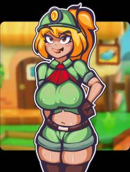 1girls big_breasts blonde_hair breasts brown_eyes clothed clothed_female clothing female female_only gloves goombella green_shorts helmet mario_(series) miner_helmet open_mouth paper_mario paper_mario:_the_thousand-year_door paper_mario:_the_thousand-year_door_(nintendo_switch) saifamelar short_shorts shorts solo standing stomach sweat sweatdrop tagme tongue