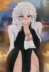 big_breasts breasts demon_slayer fluffy_hair genderswap_(mtf) haori hot_spring juicy_lips kimetsu_no_yaiba long_hair looking_at_viewer purple_eyes rule_63 sanemi_shinazugawa sarashi scars scars_all_over scars_on_chest short_eyebrows spiky_hair split_thigh_dress thick_thighs thighs uniform white_hair