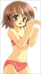 brown_hair cum facial hidamari_sketch lingerie panties pink_bra pink_panties underwear white_background yuno