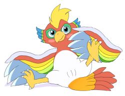 avian blush danel dyna_blade dyna_blade_(species) embarrassed feathers female feral furry kirby_(series) multicolored_body multicolored_feathers nintendo rainbow_body rainbow_feathers simple_background solo spread_legs spreading white_background white_body white_feathers