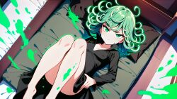 1girls ai_generated annoyed annoyed_expression bed bedroom black_dress black_shoes crossed_legs dark_dress green_eyes green_hair happy laying_on_bed lying_on_bed one-punch_man petite pregnant pregnant_female short_hair slender slender_legs slender_waist smile tatsumaki tiny tsundere