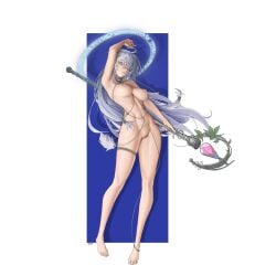 ahoge arm_up armpits barefoot breasts chains commentary english_commentary eria_(yu-gi-oh!) eria_the_water_charmer female halo highres long_hair looking_at_viewer medium_breasts navel nipples nude pussy sheruru solo staff weapon white_eyes white_hair yu-gi-oh!