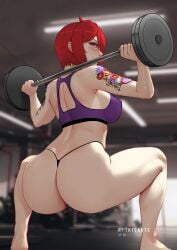 1girls artist_name ass back_view closed_mouth clothed clothing dragon_tattoo elly_(vtuber) exercise female female_only green_eyes gym gym_clothes holding_object image_set indie_virtual_youtuber indoors light-skinned_female light_skin looking_at_viewer looking_back myth1c myth1carts patreon_logo red_hair short_hair solo squatting tattoo tattoo_on_arm twitter_logo virtual_youtuber weightlifting weights