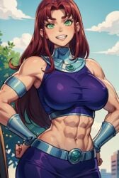 1girls abs ai_generated armlet belly_button belt breasts crop_top dc dc_comics female female_only gorget green_eyes grin hands_on_hips long_hair looking_at_viewer midriff muscular_female navel outdoors outside red_hair skirt sky solo solo_female stable_diffusion starfire stretched_clothing tampopo teen_titans toned toned_female vambraces