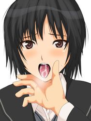 amagami black_hair blush breath cum cum_in_mouth female nanasaki_ai nisina open_mouth pov school_uniform short_hair tears tongue tongue_out