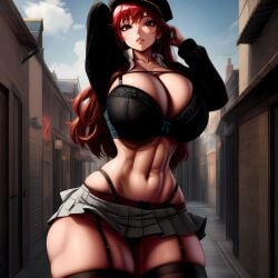 ai_generated aka6_(style) belly_button black_bra black_eyes black_hat black_thighhighs bluecatrip bra city_background dark_eyes earrings fit fit_female garter_belt garter_straps gigantic_breasts hand_behind_head hands_behind_head hat huge_breasts lingerie long_hair looking_at_viewer open_mouth red_hair thick_legs thick_thighs thighhighs untied untied_hair