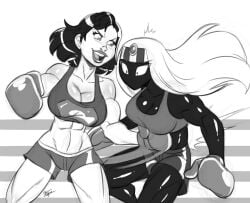 2girls abs aeolus06 alien alien_girl alien_humanoid biceps black_and_white black_body boxing boxing_gloves boxing_ring breasts catfight cleavage commission crossover crown dc_comics duck_dodgers fight fighting_ring gloves gut_punch kryptonian lips lipstick looney_tunes martian martian_(duck_dodgers) midriff muscles muscular muscular_female punching punching_stomach queen_tyr'ahnee shorts sketch sports_bra sports_shorts sportswear superwoman tagme thighs warner_brothers